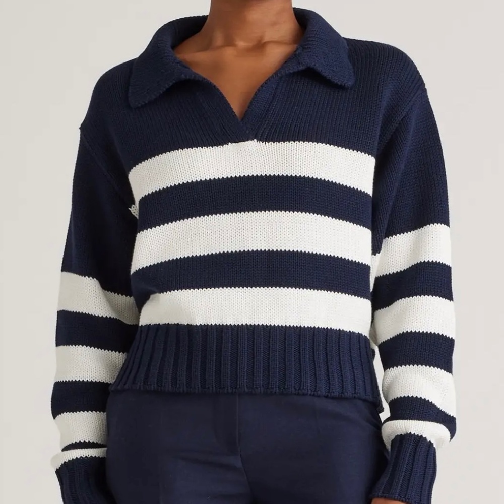 Quince Navy and White Striped V-Neck Sweater